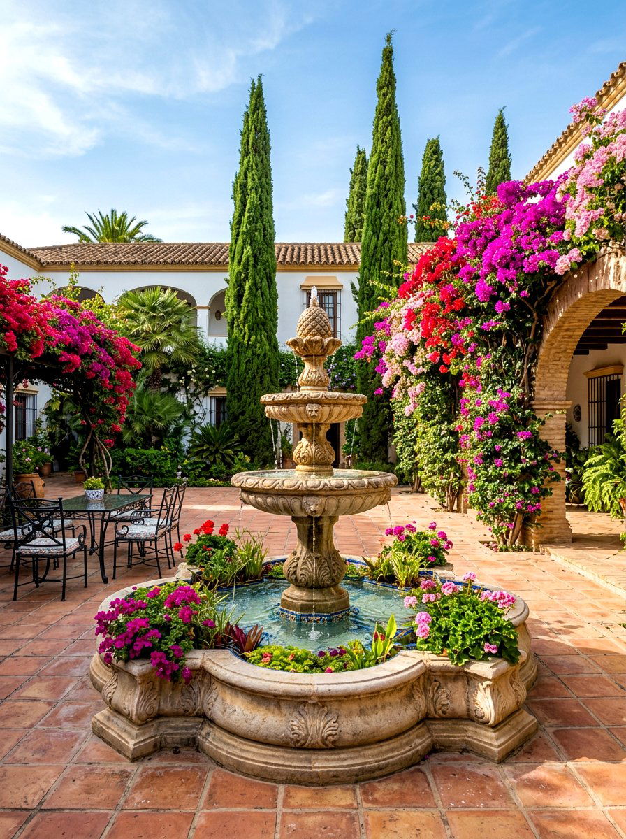 Spanish tiered fountain - 30 courtyard fountain ideas