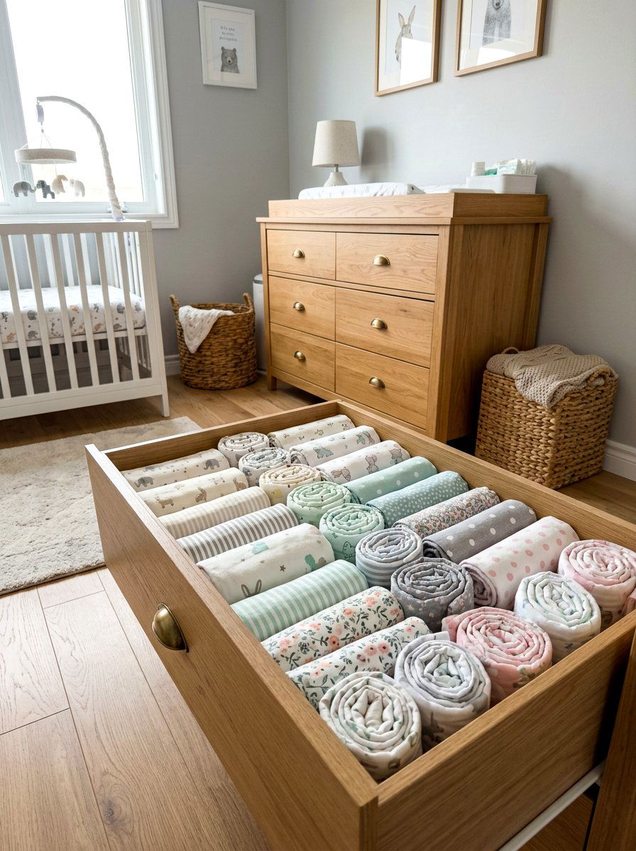 Spare crib sheets storage - 30 nursery dresser organization ideas