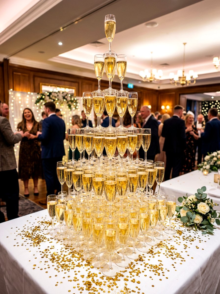 Sparkling juice flute tower - 30 New Year table decor ideas