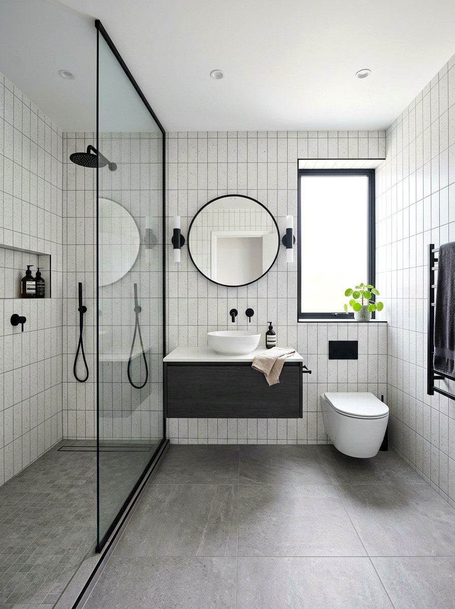 Speckled White Stacked Tile Bathroom - 30 stacked tile bathroom ideas