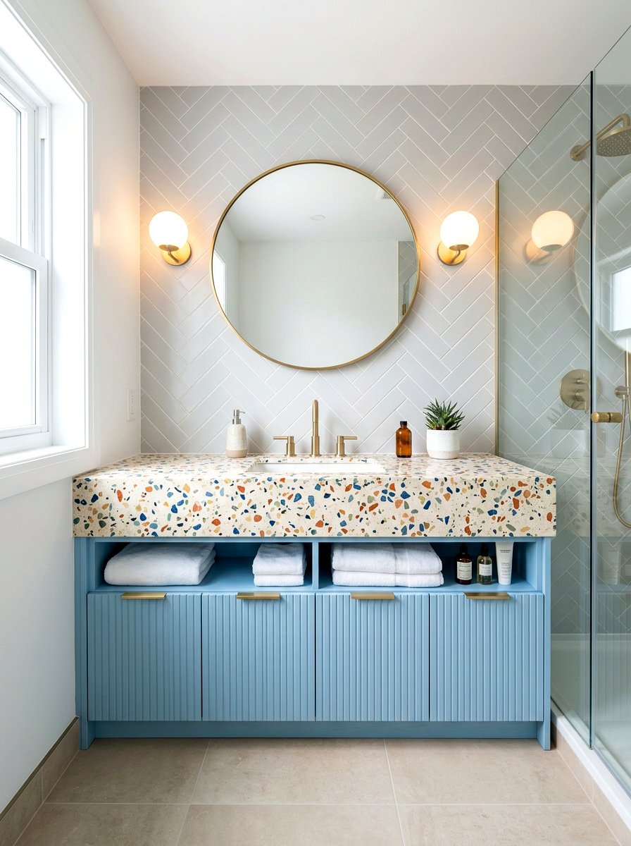 Speckled terrazzo vanity - 30 small guest bath decor ideas