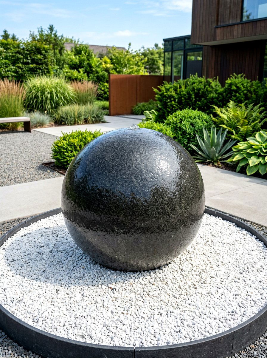 Sphere Granite Fountain - 30 outdoor courtyard fountain ideas