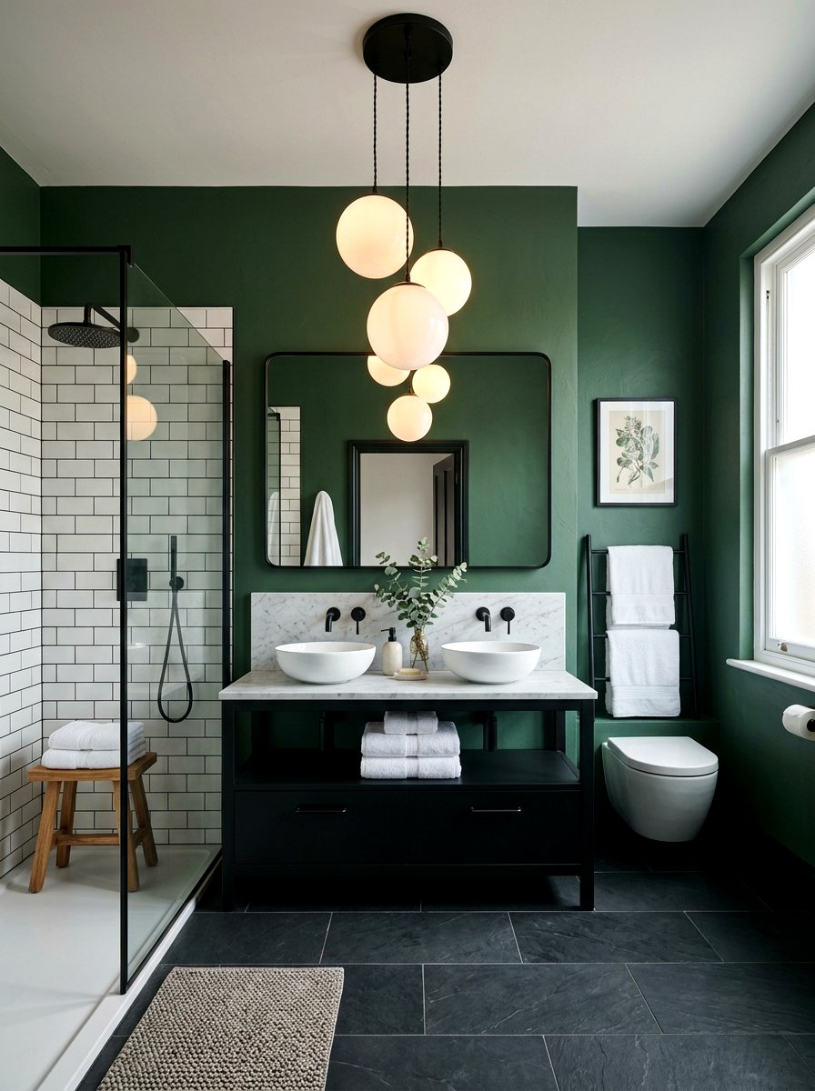 Spherical milk glass pendant - 30 moody bathroom lamp ideas