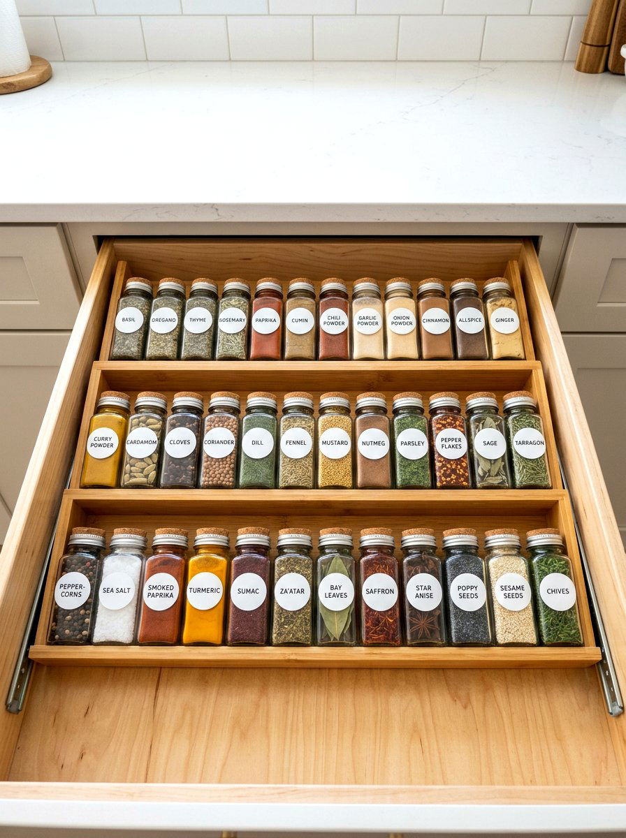 Spice drawer organizer - 30 renter friendly kitchen storage ideas