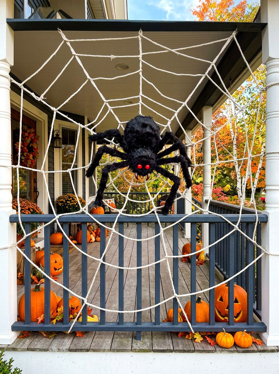 Spider Web Porch Railing - 30 Halloween porch ideas