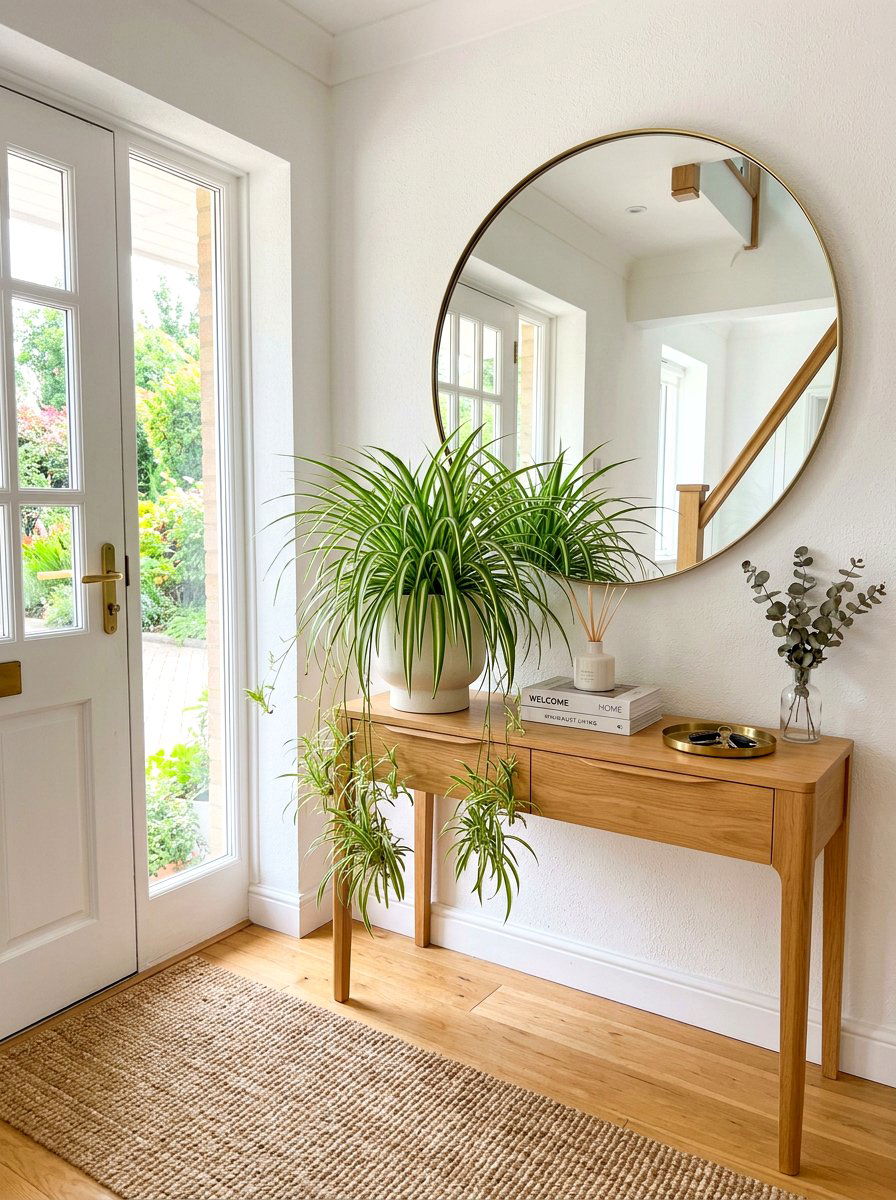 Spider plant entryway console - 30 low light indoor plant decor ideas