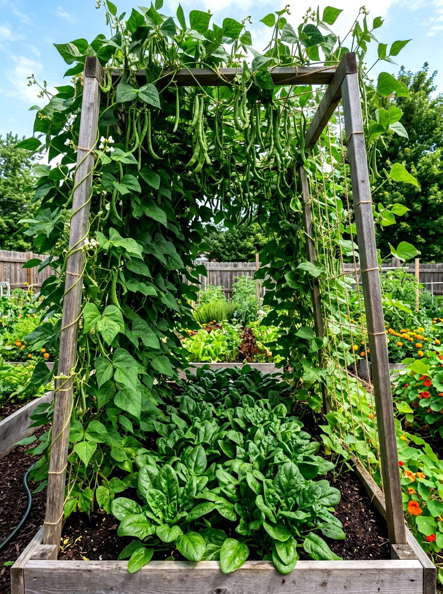 Spinach and pole bean shade - 30 vegetable garden companion planting ideas