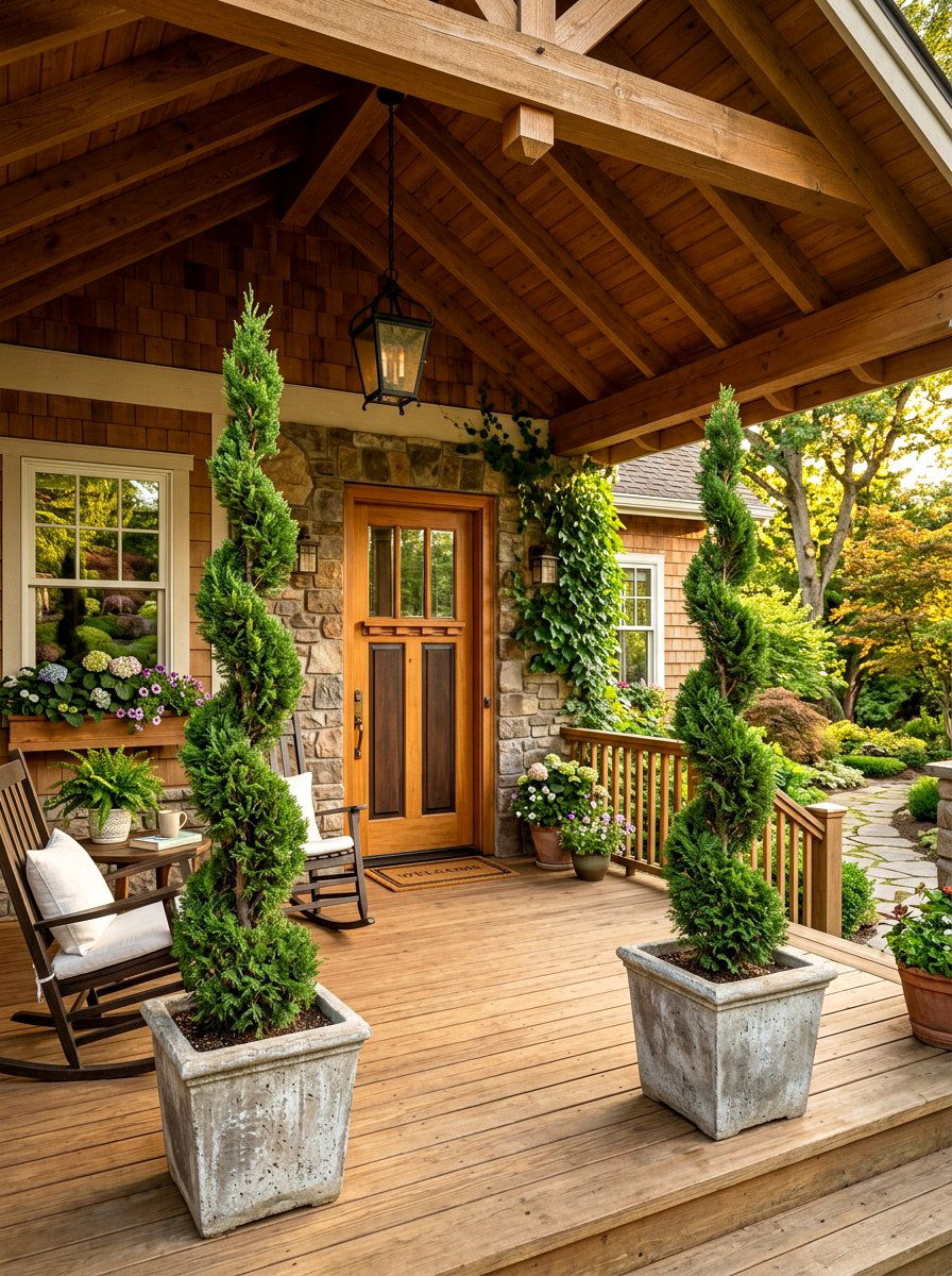Spiral Cedar Front Porch - 30 topiary front porch ideas aesthetic