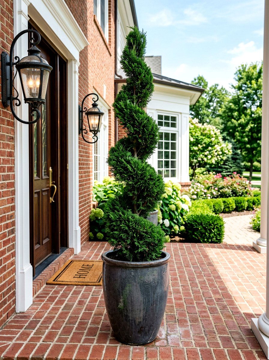 Spiral Juniper Tree - 30 topiary porch ideas