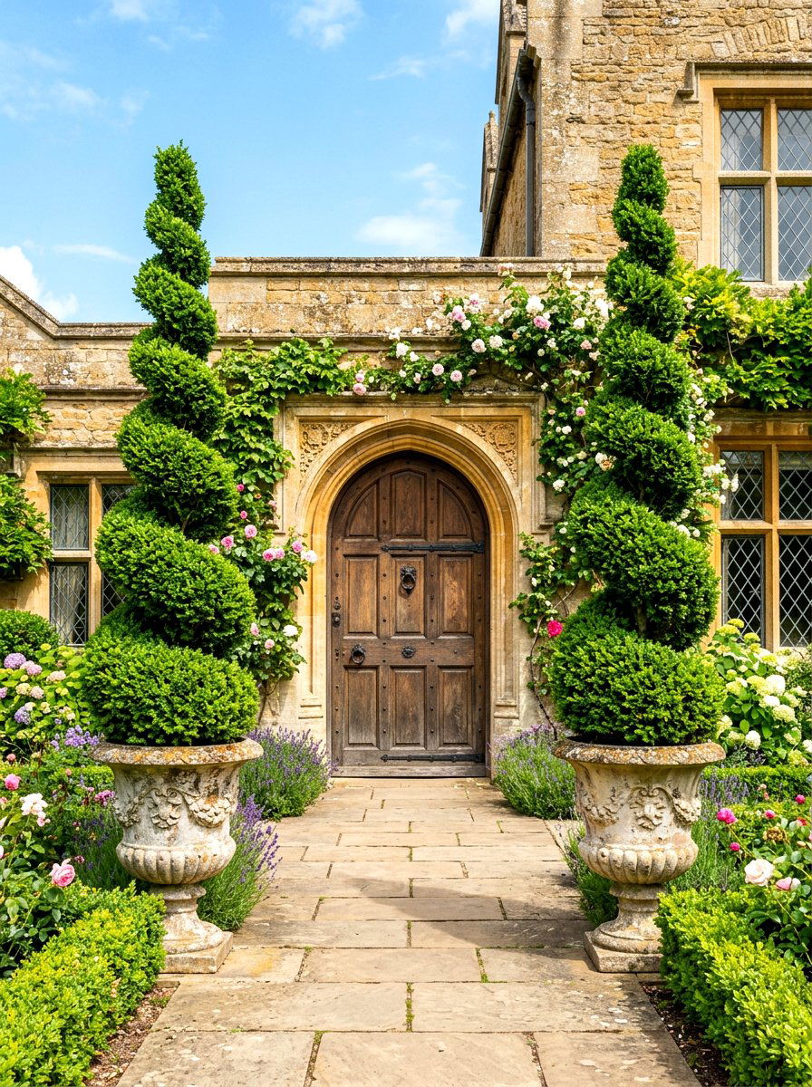 Spiral Topiary Entrance - 30 boxwood garden ideas