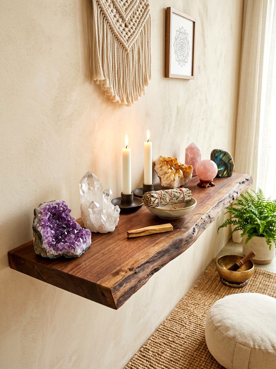 Spiritual shelf with crystals and candles - 30 phone free bedroom ideas for adults