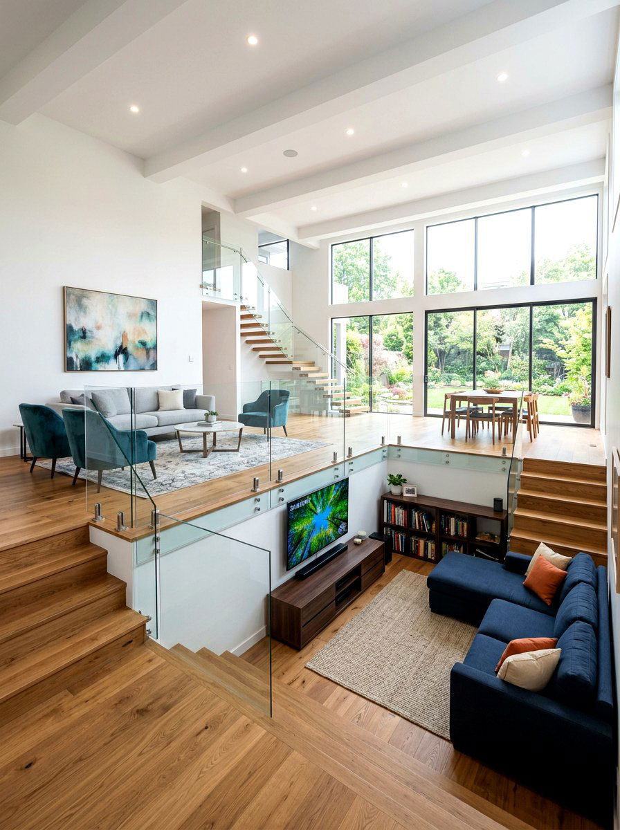 Split Level Living Room - 30 rectangle living room layout ideas