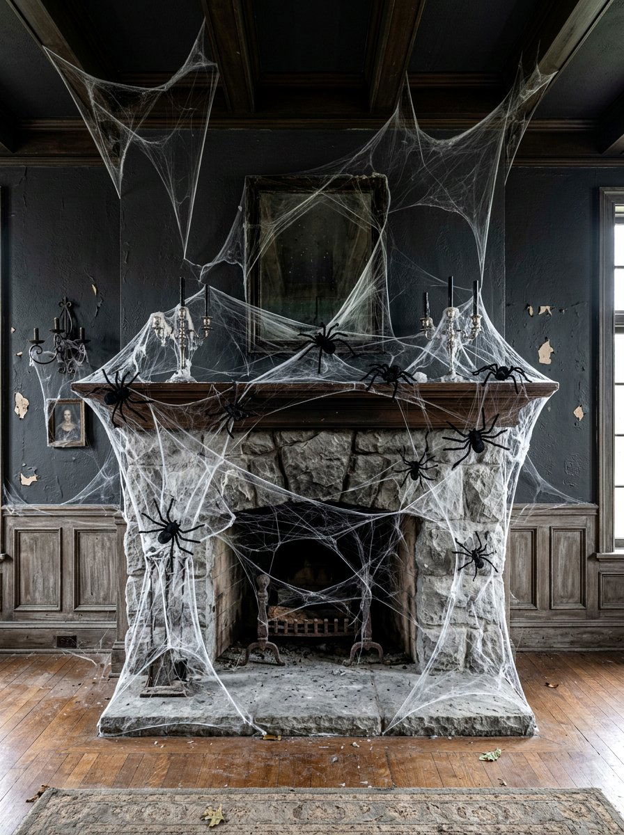 Spooky Spider Webs - 30 Halloween mantel decor ideas