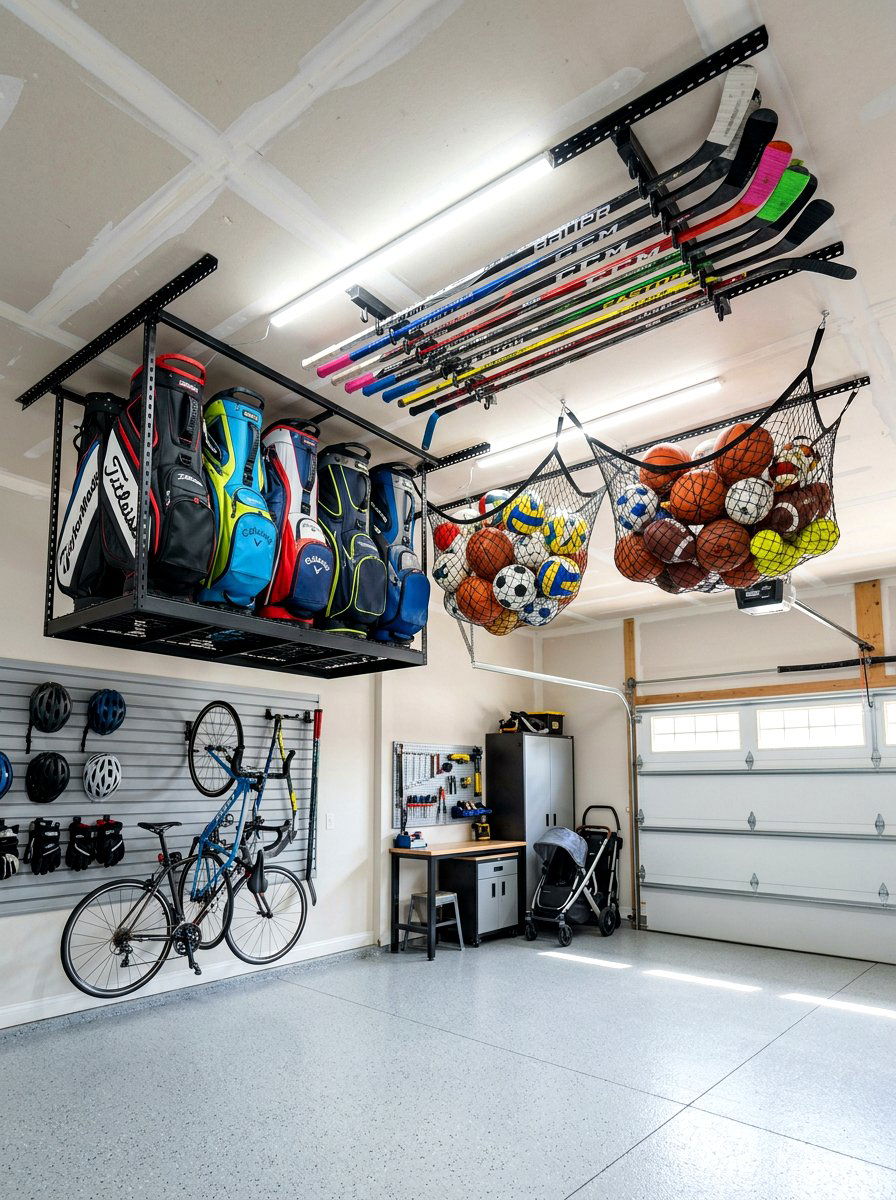 Sports Gear Ceiling Storage - 30 garage overhead rack ideas