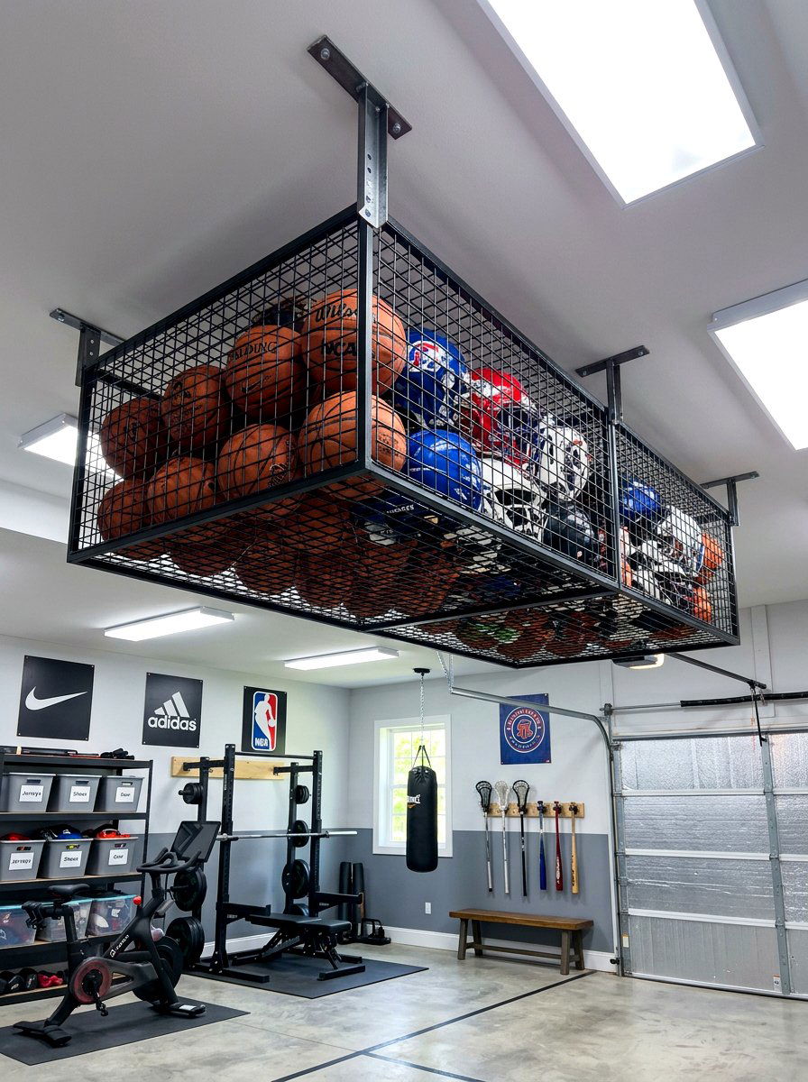 Sports equipment ceiling cage - 30 garage ceiling storage ideas