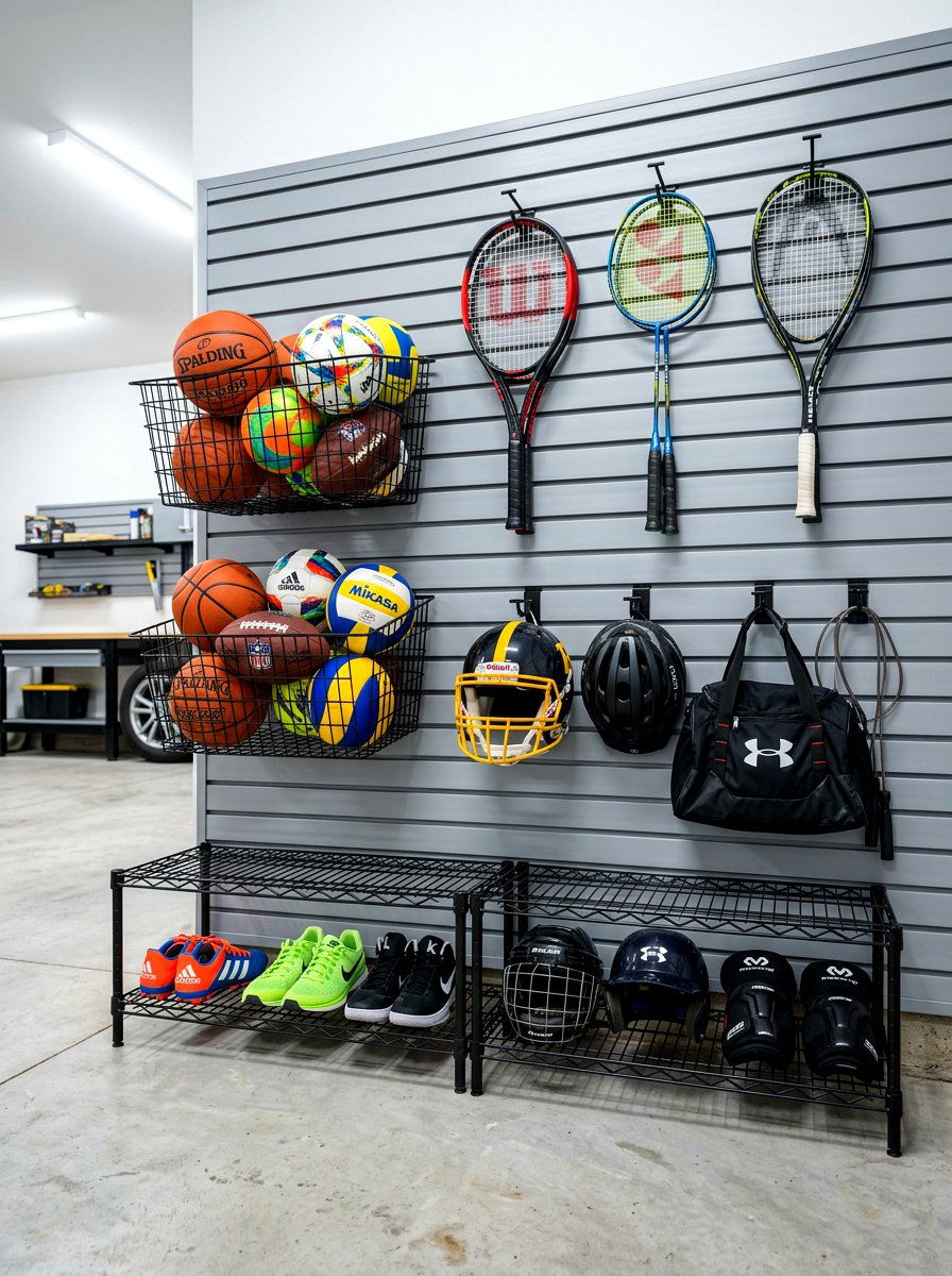 Sports equipment storage zone - 30 garage slatwall ideas