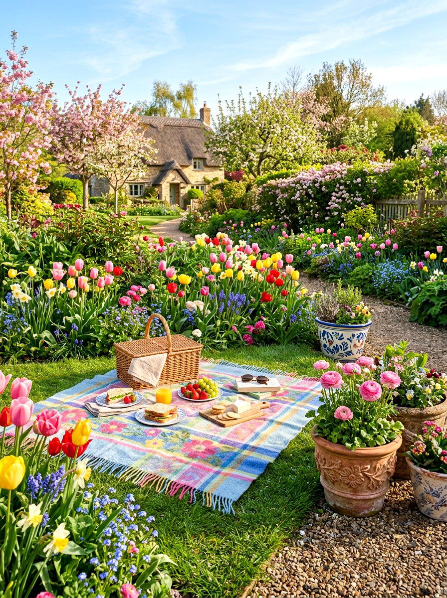 Spring Picnic With Flower Pots - 30 picnic blanket corner ideas