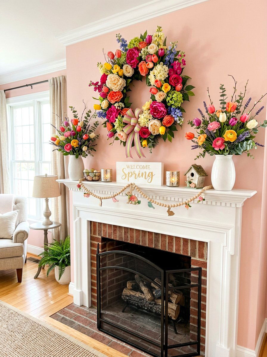 Spring Wreath Mantel Backdrop - 30 spring mantel styling ideas