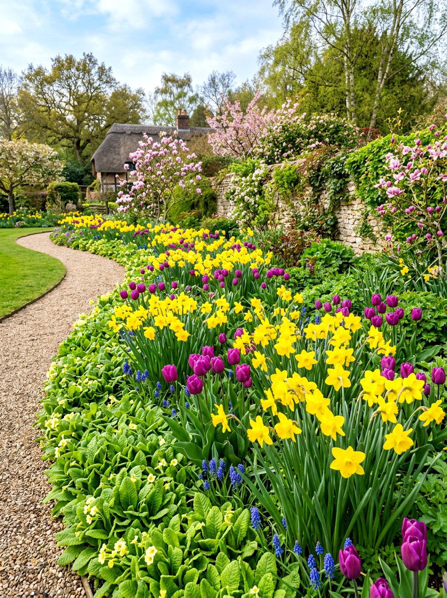 Spring bulb and primrose garden - 30 flower bed around tree ideas