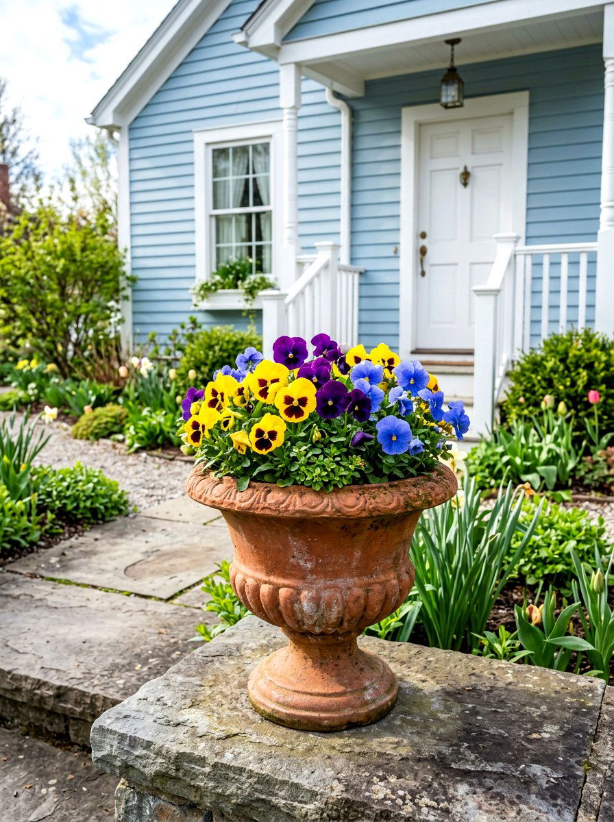 Spring pansy porch urn - 30 porch urn planter ideas