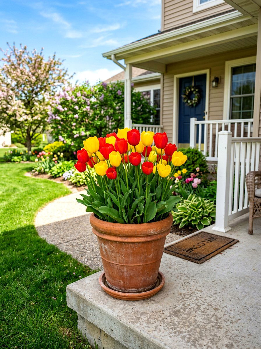 Spring tulip porch urn - 30 porch urn planter ideas