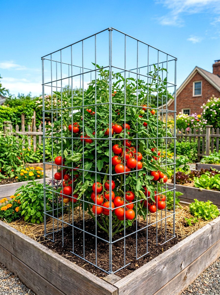 Square Wire Tomato Cage - 30 raised bed trellis ideas