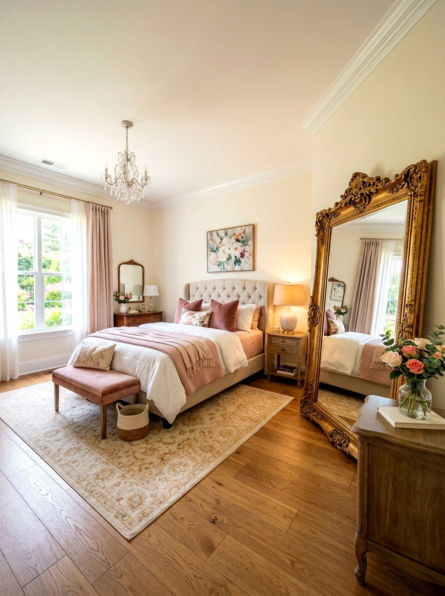 Square bedroom layout with floor mirror - 30 square room layout ideas