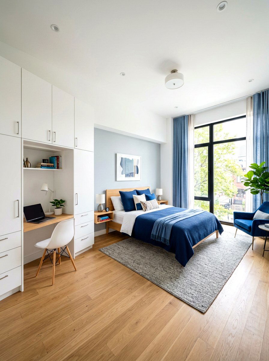 Square bedroom layout with storage wall - 30 square room layout ideas