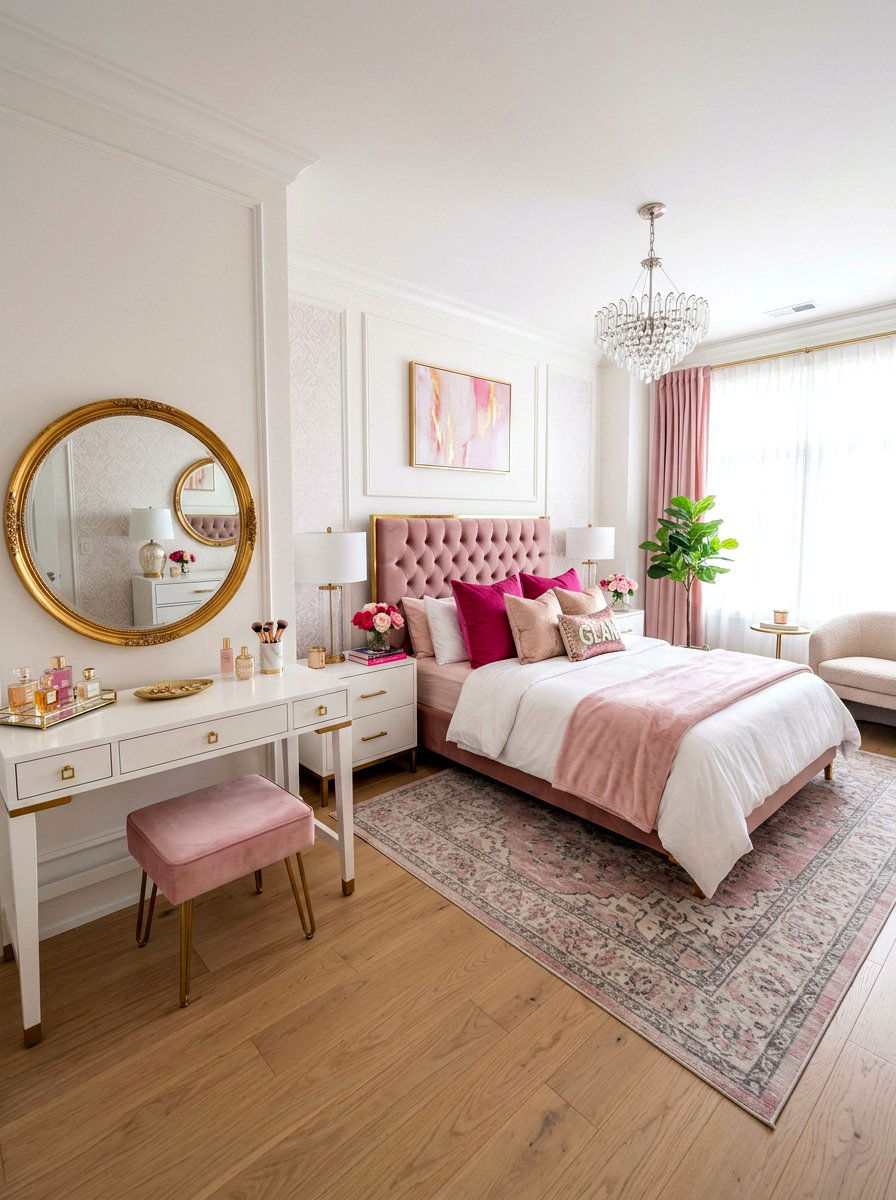 Square bedroom layout with vanity desk - 30 square room layout ideas