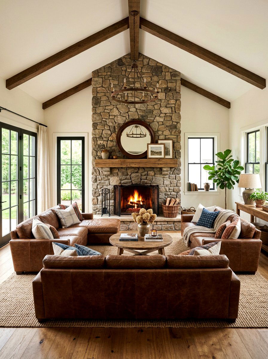 Square living room layout with fireplace focal point - 30 square room layout ideas