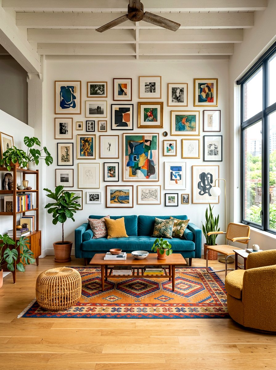 Square living room layout with gallery wall - 30 square room layout ideas