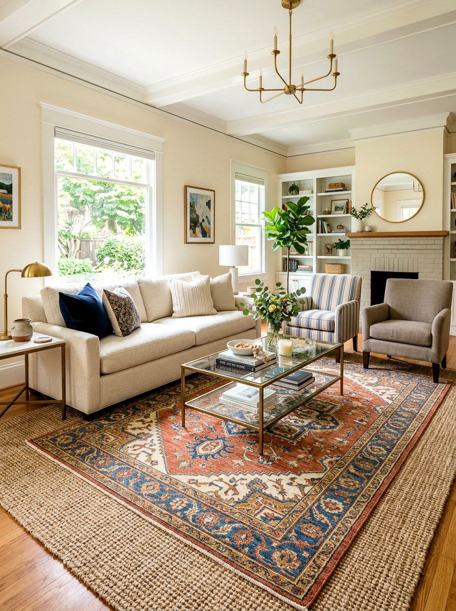 Square living room layout with layered rugs - 30 square room layout ideas