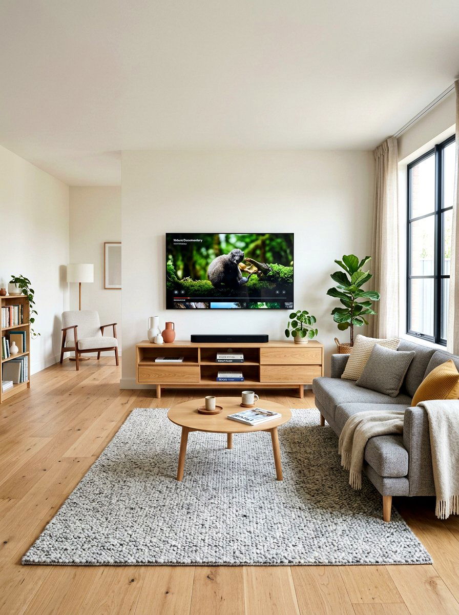 Square living room layout with media console - 30 square room layout ideas