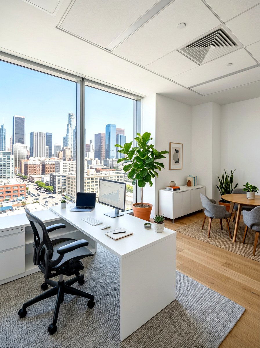 Square office layout with desk near window - 30 square room layout ideas