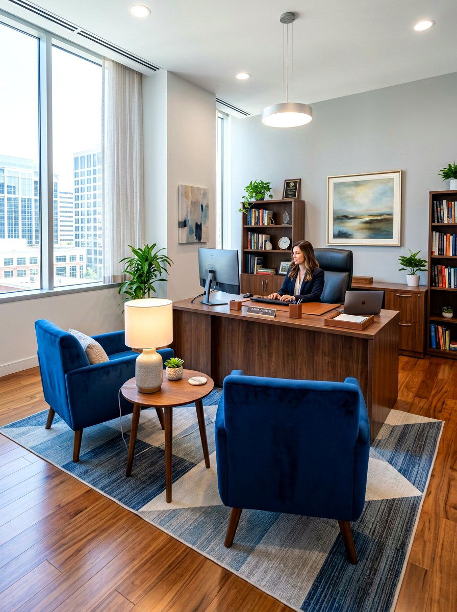 Square office layout with guest seating - 30 square room layout ideas