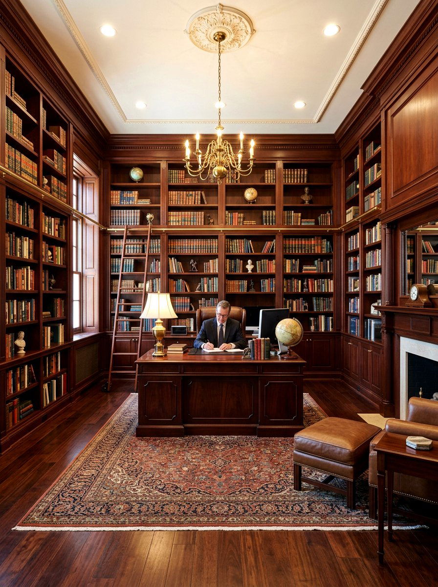 Square office layout with library shelves - 30 square room layout ideas