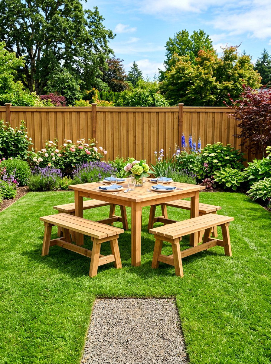 Square picnic table with benches - 30 backyard picnic table ideas
