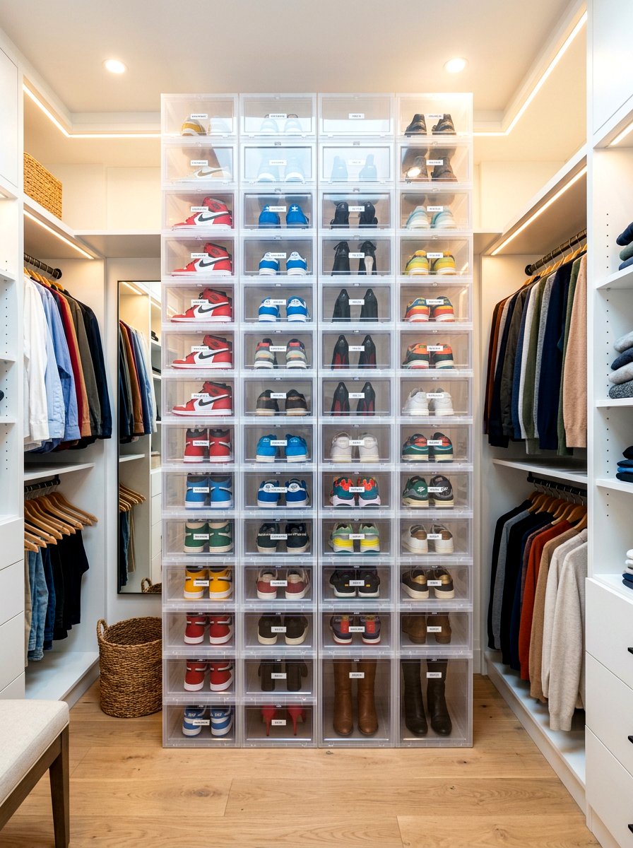 Stackable Clear Shoe Box - 30 hidden shoe storage apartment ideas