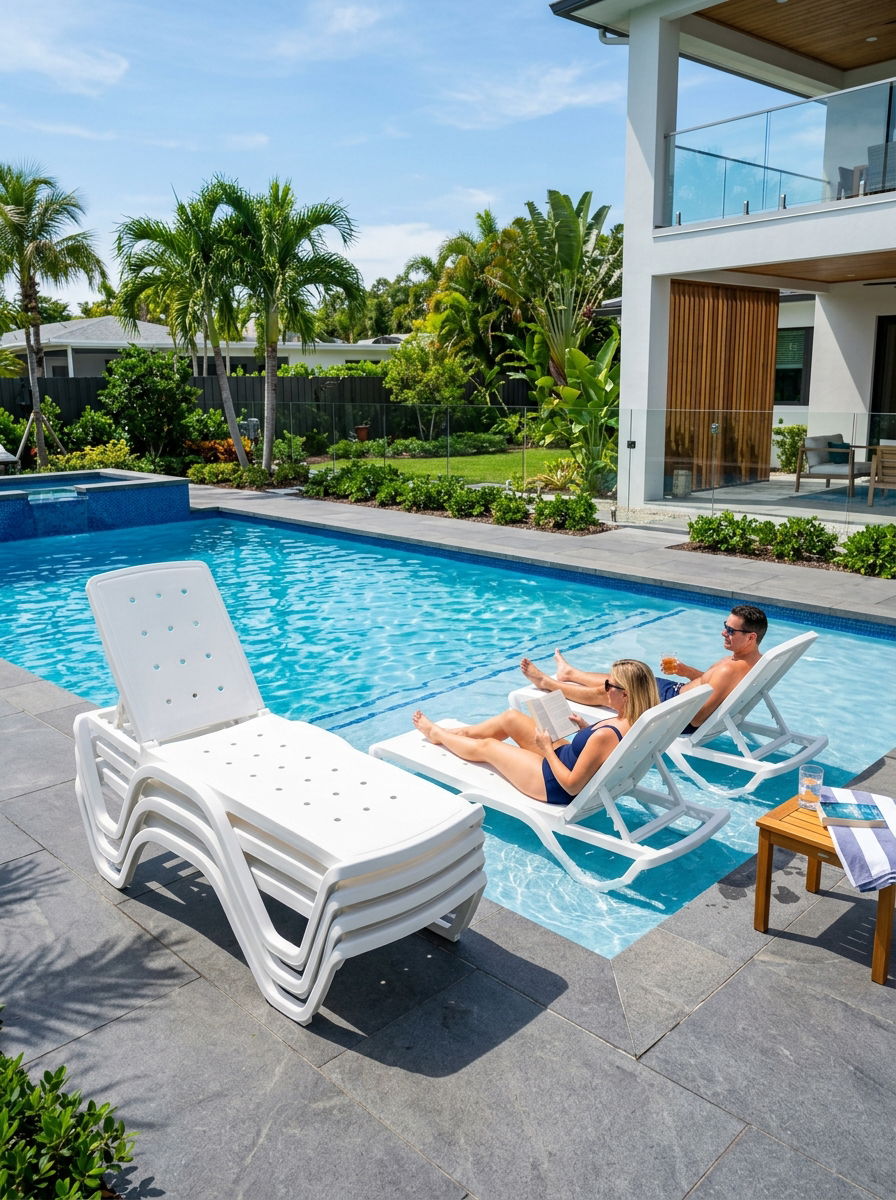 Stackable Lounger Pool Ledge Setup - 30 pool ledge lounger ideas