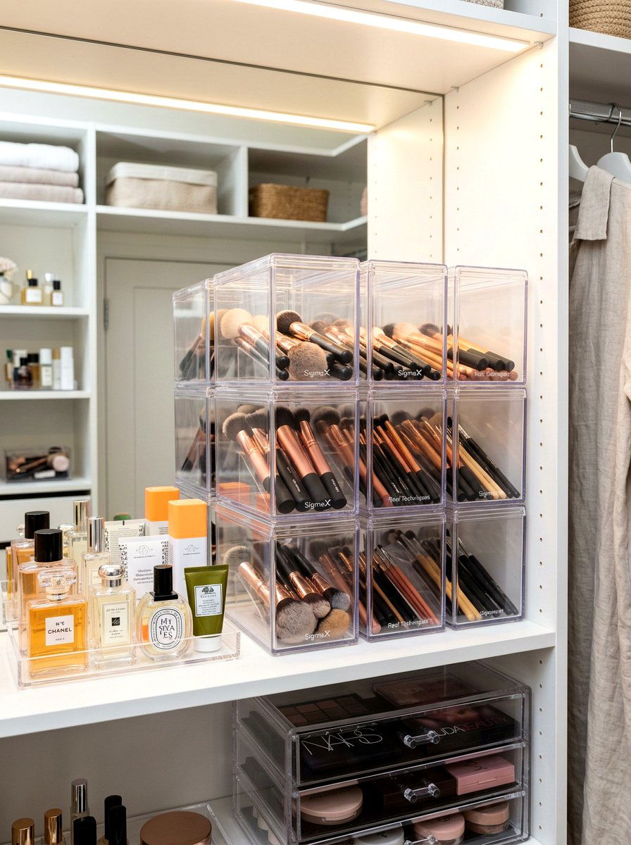 Stackable Makeup Brush Box - 30 makeup brush storage ideas