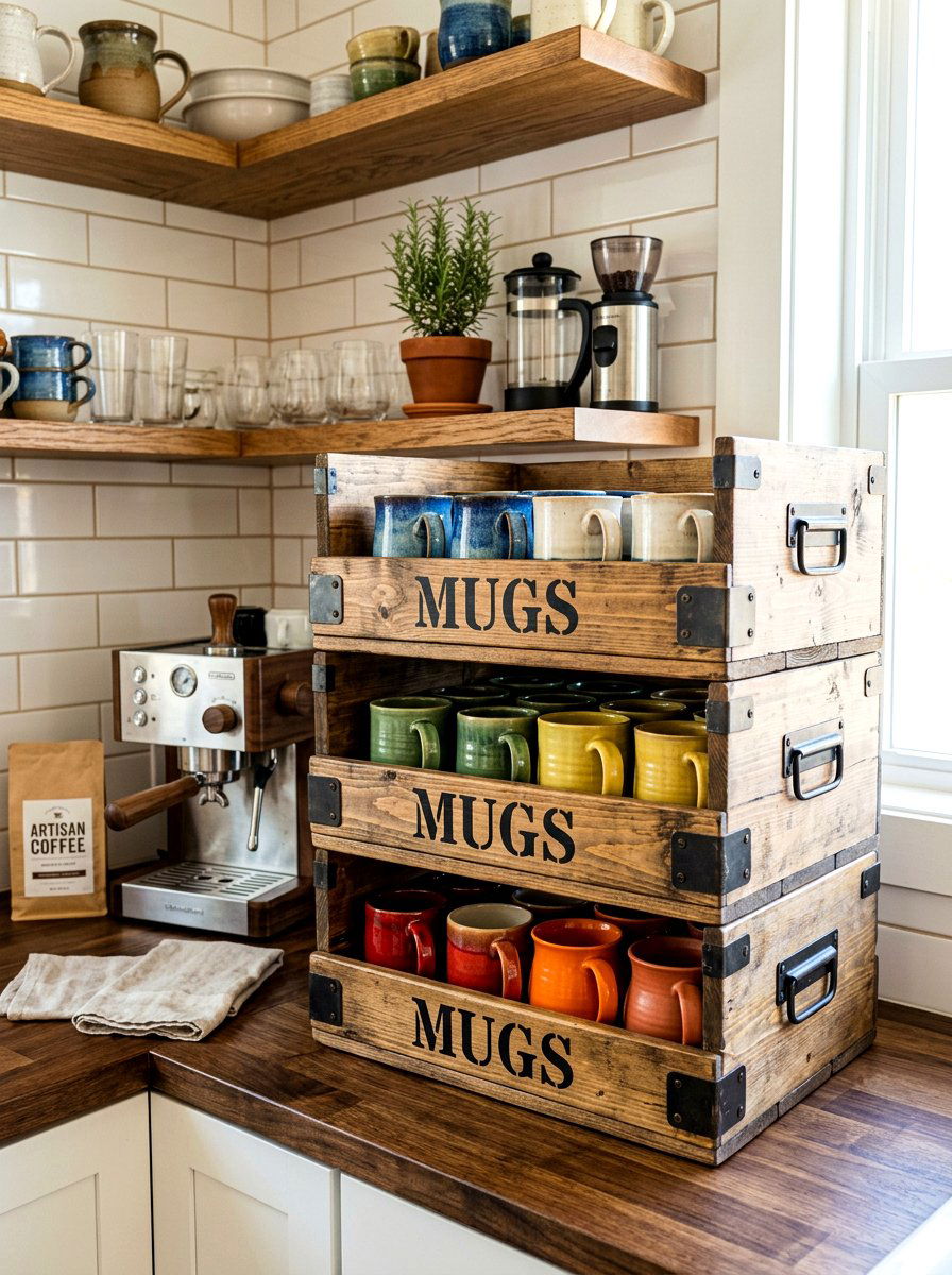 Stackable Mug Storage Crate - 30 coffee mug organizer ideas