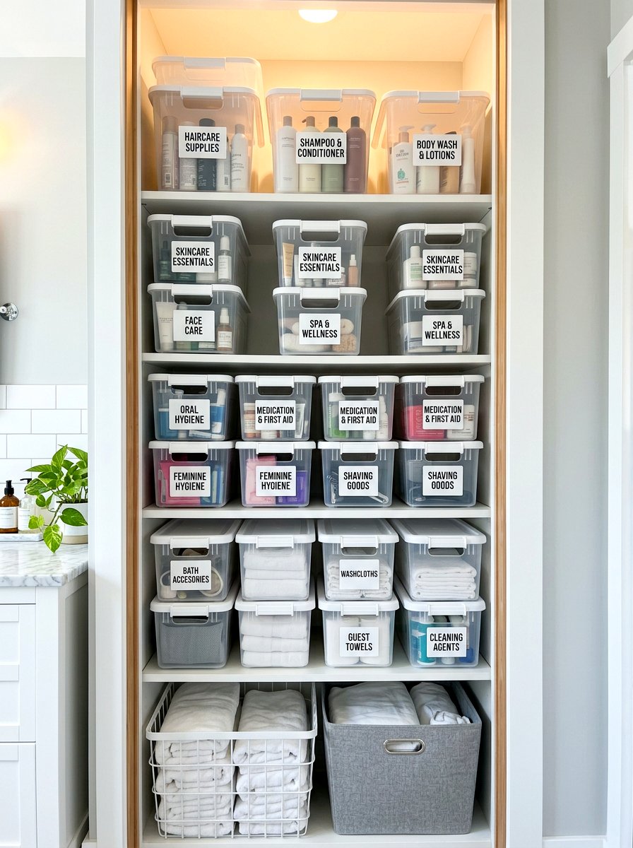 Stackable Plastic Bins - 30 tiny bathroom storage ideas