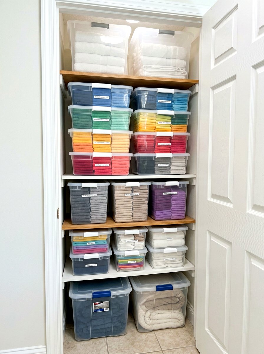 Stackable Plastic Bins - 30 linen closet organization ideas