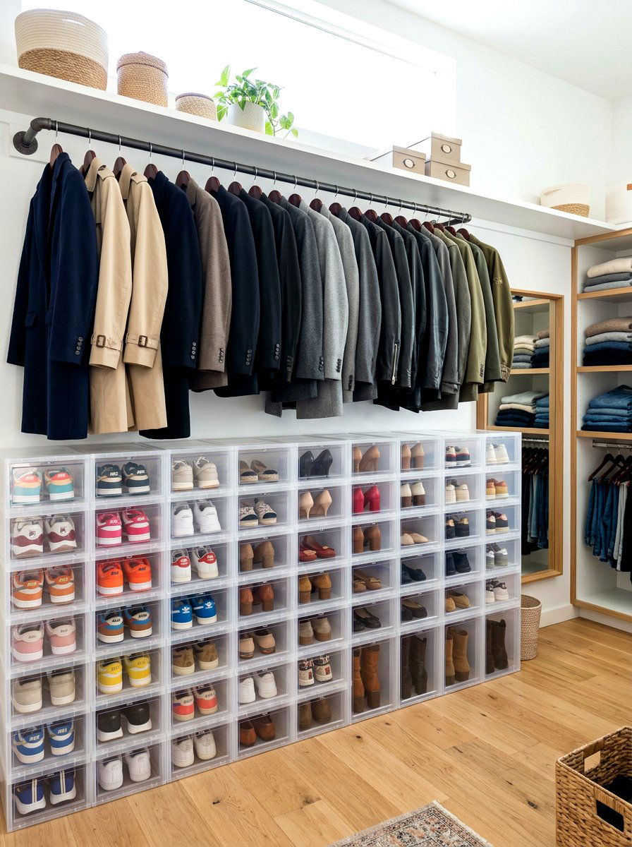 Stackable Shoe Boxes Closet - 30 coat closet organization ideas
