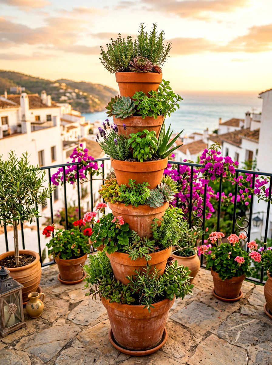 Stackable Terra Cotta Pots - 30 balcony vertical garden ideas
