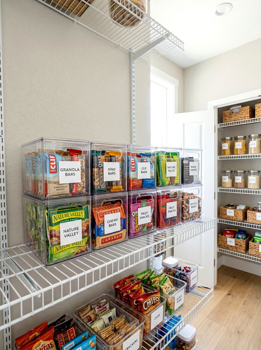 Stackable acrylic snack bins - 30 pantry decanting ideas