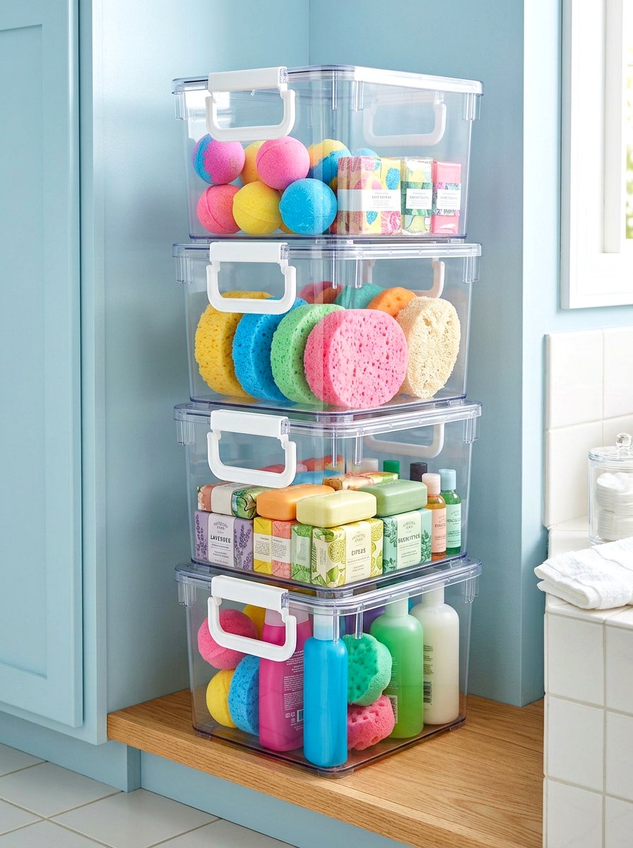 Stackable bathroom storage bins - 30 organizing bathroom cabinets ideas