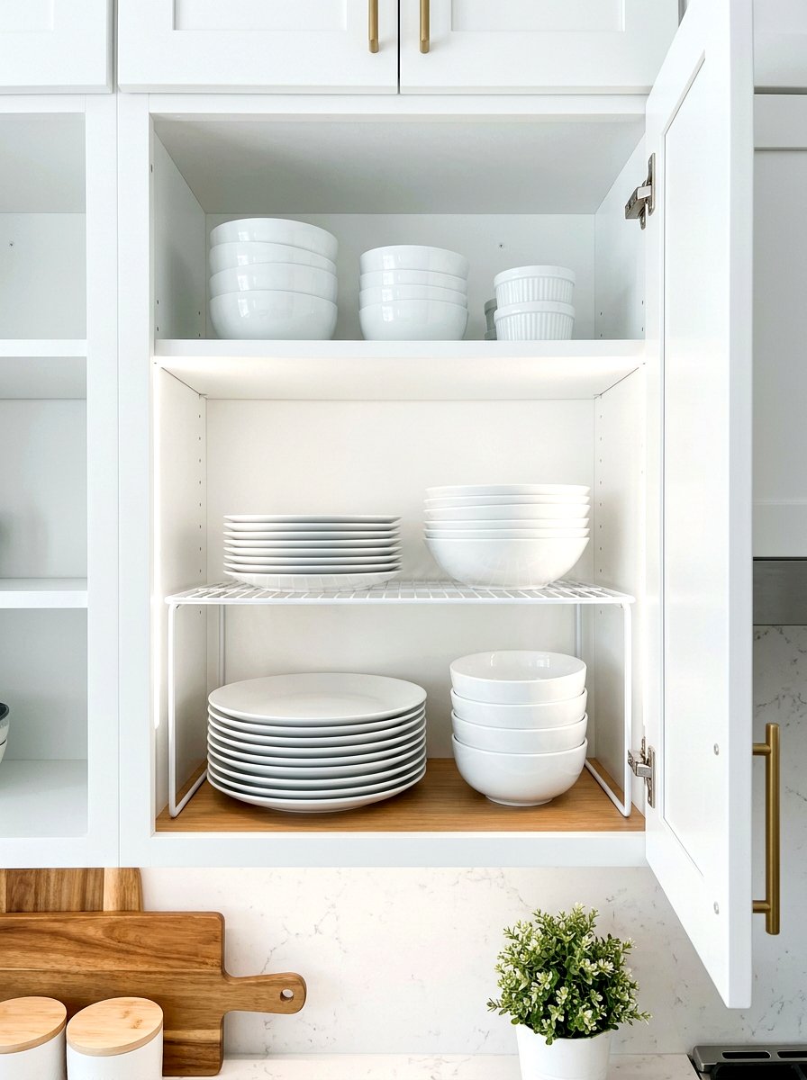 Stackable cabinet shelf inserts - 30 apartment kitchen storage ideas