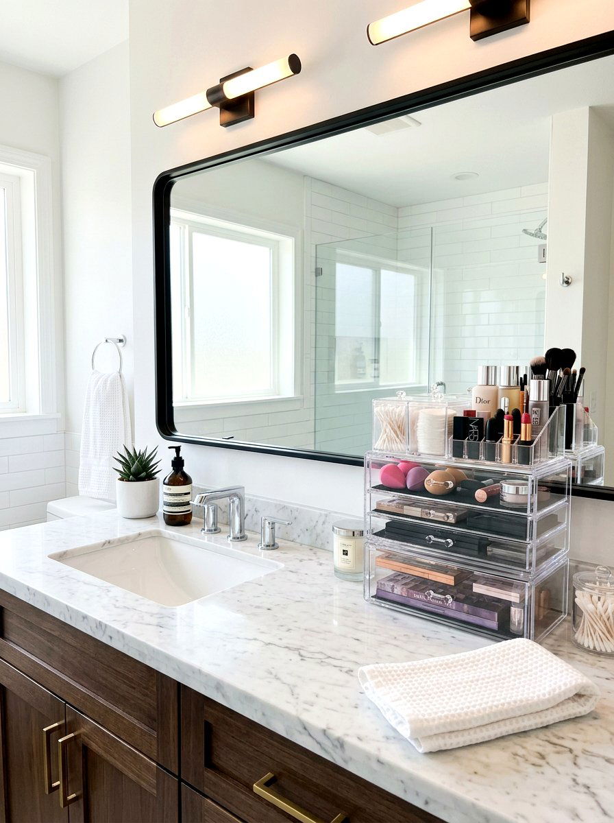 Stackable countertop acrylic bins - 30 renter safe bathroom shelf ideas