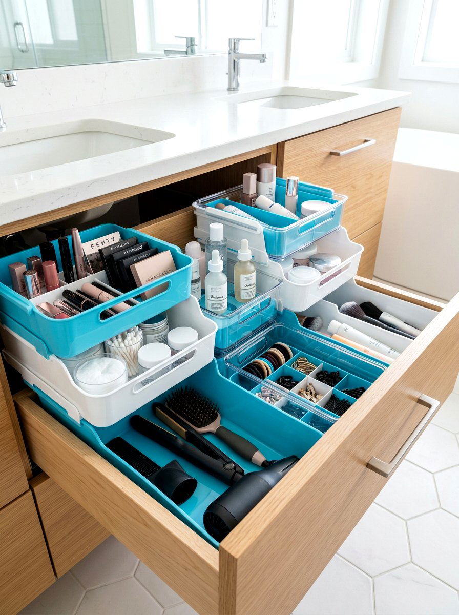 Stackable plastic bins - 30 vanity drawer organization ideas